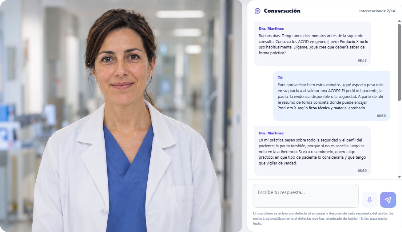 Captura de una simulación de RolDoctor: médica virtual en vídeo y panel de conversación