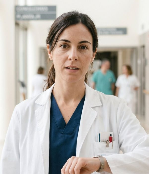 Médica de perfil con prisa